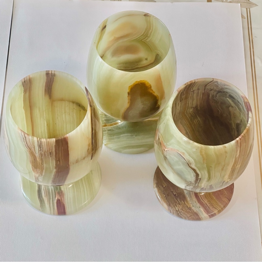 VTG Set 3 ONYX Marble Wine Cups Glasses Goblets 5" Green & Amber
Stone